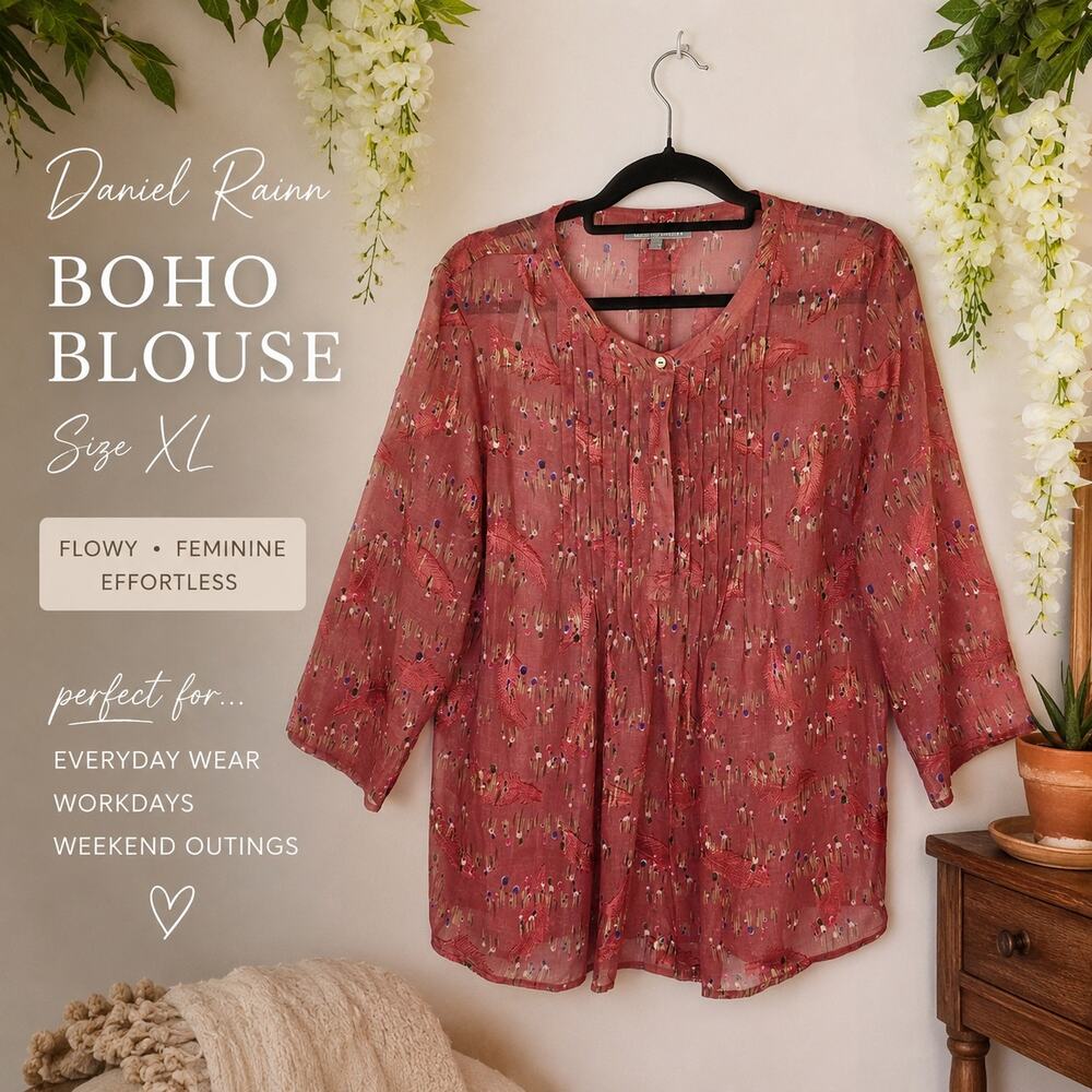 Daniel Rainn Blouse XL Pink Abstract Feather Print Sheer Boho Peasant Cottage